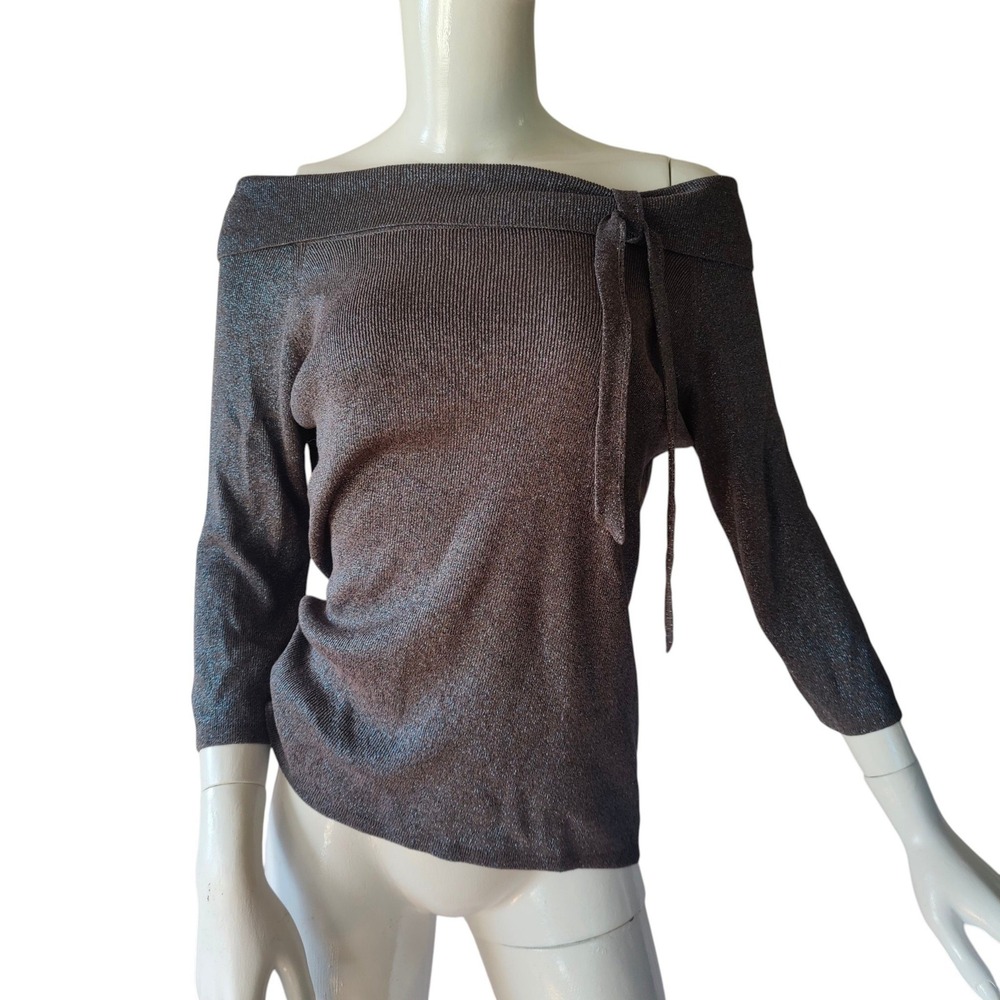 Joseph A Vintage 90s Silk Metallic Off Shoulder Sweater Silver Bow Glam Large
